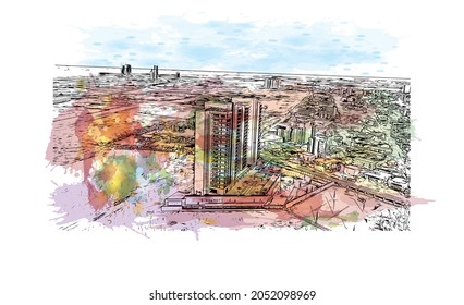 Building view with landmark of Lagos is the 
city in Nigeria. Watercolor splash with hand drawn sketch illustration in vector. 