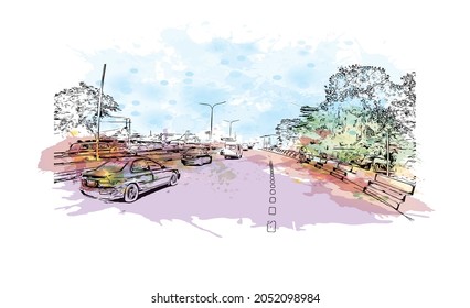 Building view with landmark of Lagos is the 
city in Nigeria. Watercolor splash with hand drawn sketch illustration in vector. 