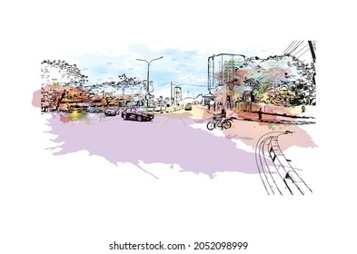Building view with landmark of Lagos is the 
city in Nigeria. Watercolor splash with hand drawn sketch illustration in vector. 