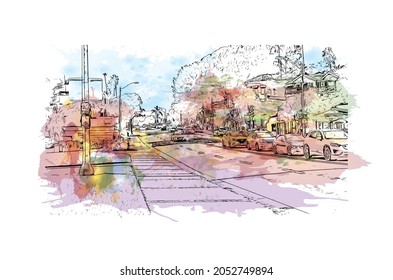 Building view with landmark of Laguna Beach is the 
city in California. Watercolor splash with hand drawn sketch illustration in vector.