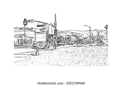 Building view with landmark of Laguna Beach is the 
city in California. Hand drawn sketch illustration in vector.