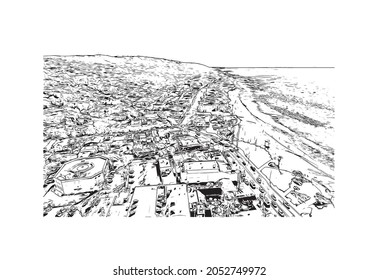 Building view with landmark of Laguna Beach is the 
city in California. Hand drawn sketch illustration in vector.