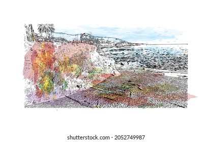 Building view with landmark of Laguna Beach is the 
city in California. Watercolor splash with hand drawn sketch illustration in vector.