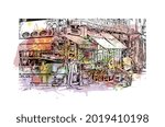 Building view with landmark of Lahore is the 
city in Pakistan. Watercolor splash with hand drawn sketch illustration in vector.