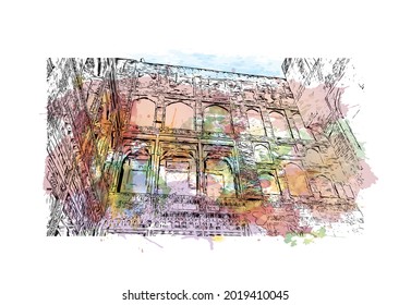Building view with landmark of Lahore is the 
city in Pakistan. Watercolor splash with hand drawn sketch illustration in vector.