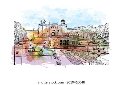 Building view with landmark of Lahore is the 
city in Pakistan. Watercolor splash with hand drawn sketch illustration in vector.