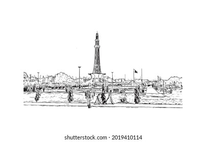 Building view with landmark of Lahore is the 
city in Pakistan. Hand drawn sketch illustration in vector.