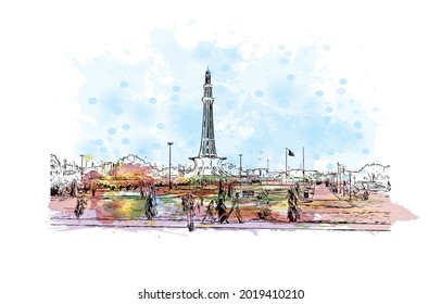 Building view with landmark of Lahore is the 
city in Pakistan. Watercolor splash with hand drawn sketch illustration in vector.