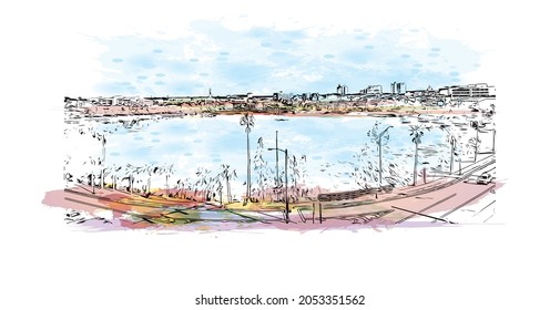 Building view with landmark of Lakeland is the 
city in Florida. Watercolor splash with hand drawn sketch illustration in vector.