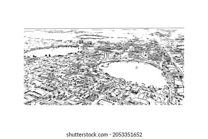Building view with landmark of Lakeland is the 
city in Florida. Hand drawn sketch illustration in vector.