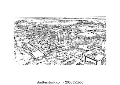 Building view with landmark of Lakeland is the 
city in Florida. Hand drawn sketch illustration in vector.