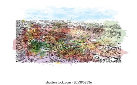 Building view with landmark of Lalitpur is the 
city in India. Watercolor splash with hand drawn sketch illustration in vector.