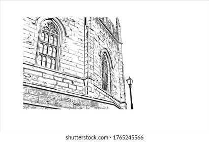 Building view with landmark of Lancaster is a city located in South Central Pennsylvania. Hand drawn sketch illustration in vector. 