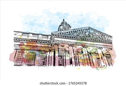 Building view with landmark of Lancaster is a city located in South Central Pennsylvania. Watercolor splash with Hand drawn sketch illustration in vector. 