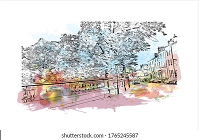 Building view with landmark of Lancaster is a city located in South Central Pennsylvania. Watercolor splash with Hand drawn sketch illustration in vector. 