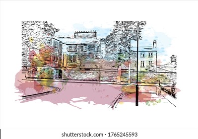 Building view with landmark of Lancaster is a city located in South Central Pennsylvania. Watercolor splash with Hand drawn sketch illustration in vector. 