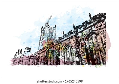 Building view with landmark of Lancaster is a city located in South Central Pennsylvania. Watercolor splash with Hand drawn sketch illustration in vector. 