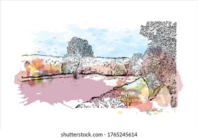 Building view with landmark of Lancaster is a city located in South Central Pennsylvania. Watercolor splash with Hand drawn sketch illustration in vector. 
