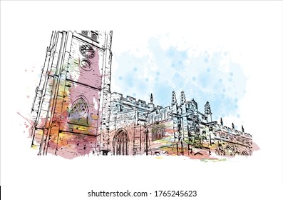 Building view with landmark of Lancaster is a city located in South Central Pennsylvania. Watercolor splash with Hand drawn sketch illustration in vector. 