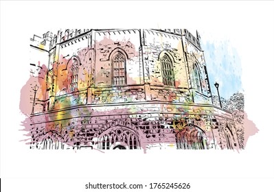 Building view with landmark of Lancaster is a city located in South Central Pennsylvania. Watercolor splash with Hand drawn sketch illustration in vector. 