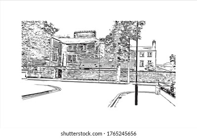 Building view with landmark of Lancaster is a city located in South Central Pennsylvania. Hand drawn sketch illustration in vector. 