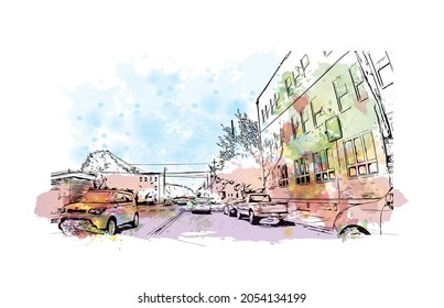 Building view with landmark of Lancaster is a city in Pennsylvania. Watercolor splash with hand drawn sketch illustration in vector.