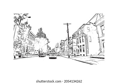 Building view with landmark of Lancaster is a city in Pennsylvania. Hand drawn sketch illustration in vector.