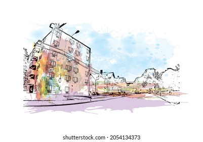 Building view with landmark of Lancaster is a city in Pennsylvania. Watercolor splash with hand drawn sketch illustration in vector.