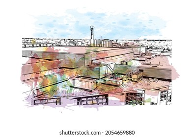 Building view with landmark of Lancing is the 
village in England. Watercolor splash with hand drawn sketch illustration in vector.