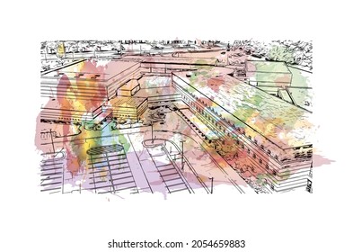 Building view with landmark of Lancing is the 
village in England. Watercolor splash with hand drawn sketch illustration in vector.