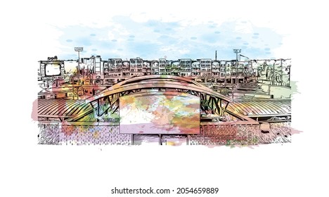 Building view with landmark of Lancing is the 
village in England. Watercolor splash with hand drawn sketch illustration in vector.
