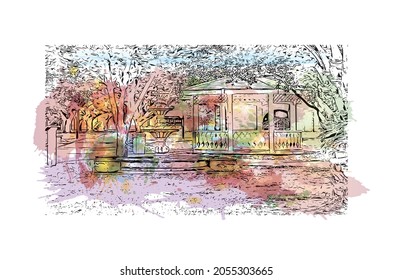 La vista de edificios con el punto de referencia de Laredo es una ciudad al sur de Texas. Salto de color de agua con ilustración de esbozo dibujada a mano en vector.