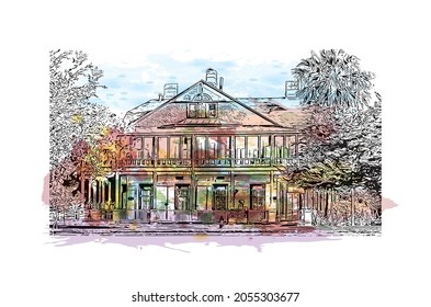 Building view with landmark of Laredo is a city in southern Texas. Watercolor splash with hand drawn sketch illustration in vector.