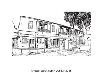 La vista de edificios con un punto de referencia de Larnaca es 
ciudad de Chipre. Dibujo a mano de ilustración de esbozo en vector.