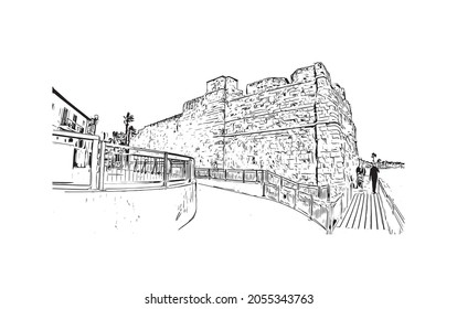 Building view with landmark of Larnaca is the 
city in Cyprus. Hand drawn sketch illustration in vector.
