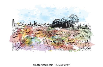 Bausicht mit Wahrzeichen von Larnaca ist der 
Stadt in Zypern. Aquarellspritzer mit handgezeichneter Skizzengrafik in Vektorgrafik.