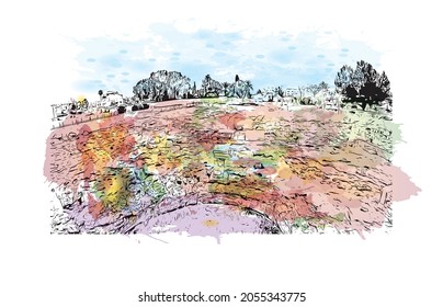 La vista de edificios con un punto de referencia de Larnaca es 
ciudad de Chipre. Salto de color de agua con ilustración de esbozo dibujada a mano en vector.