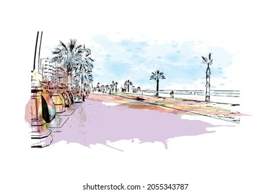 Building view with landmark of Larnaca is the 
city in Cyprus. Watercolor splash with hand drawn sketch illustration in vector.