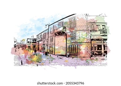 Building view with landmark of Larnaca is the 
city in Cyprus. Watercolor splash with hand drawn sketch illustration in vector.