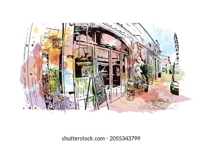 Building view with landmark of Larnaca is the 
city in Cyprus. Watercolor splash with hand drawn sketch illustration in vector.