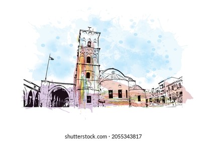 Building view with landmark of Larnaca is the 
city in Cyprus. Watercolor splash with hand drawn sketch illustration in vector.