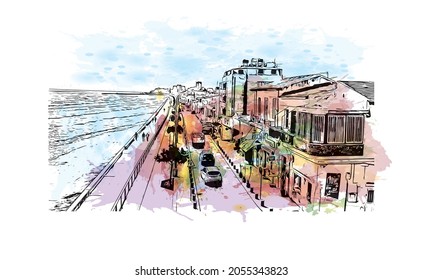 Building view with landmark of Larnaca is the 
city in Cyprus. Watercolor splash with hand drawn sketch illustration in vector.