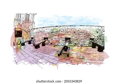 Building view with landmark of Larnaca is the 
city in Cyprus. Watercolor splash with hand drawn sketch illustration in vector.