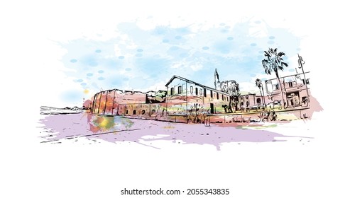 Building view with landmark of Larnaca is the 
city in Cyprus. Watercolor splash with hand drawn sketch illustration in vector.