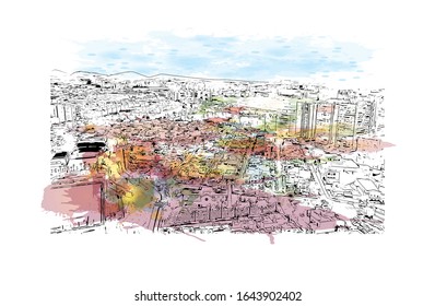 Building view with landmark of Las Palmas is a capital of Gran Canaria, one of Spain's Canary Islands off northwestern Africa. HWatercolor splash with and drawn sketch illustration in vector.