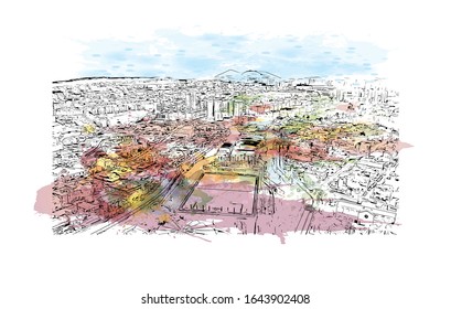 Building view with landmark of Las Palmas is a capital of Gran Canaria, one of Spain's Canary Islands off northwestern Africa. HWatercolor splash with and drawn sketch illustration in vector.