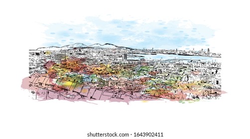 Building view with landmark of Las Palmas is a capital of Gran Canaria, one of Spain's Canary Islands off northwestern Africa. HWatercolor splash with and drawn sketch illustration in vector.