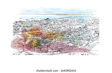 Building view with landmark of Las Palmas is a capital of Gran Canaria, one of Spain's Canary Islands off northwestern Africa. HWatercolor splash with and drawn sketch illustration in vector.