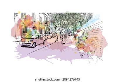 Building view with landmark of Las Palmas is the 
city in Spain. Watercolor splash with hand drawn sketch illustration in vector.