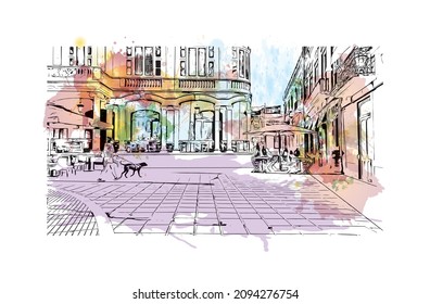 Building view with landmark of Las Palmas is the 
city in Spain. Watercolor splash with hand drawn sketch illustration in vector.